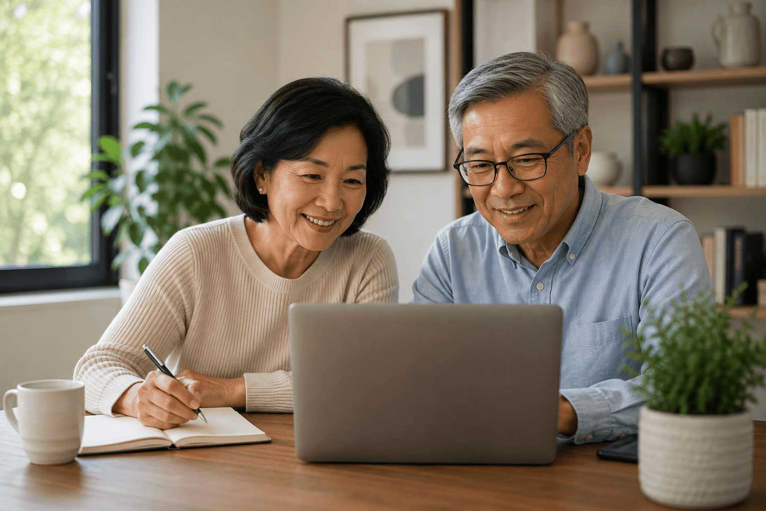 Older Asian couple comparing health insurance coverage online